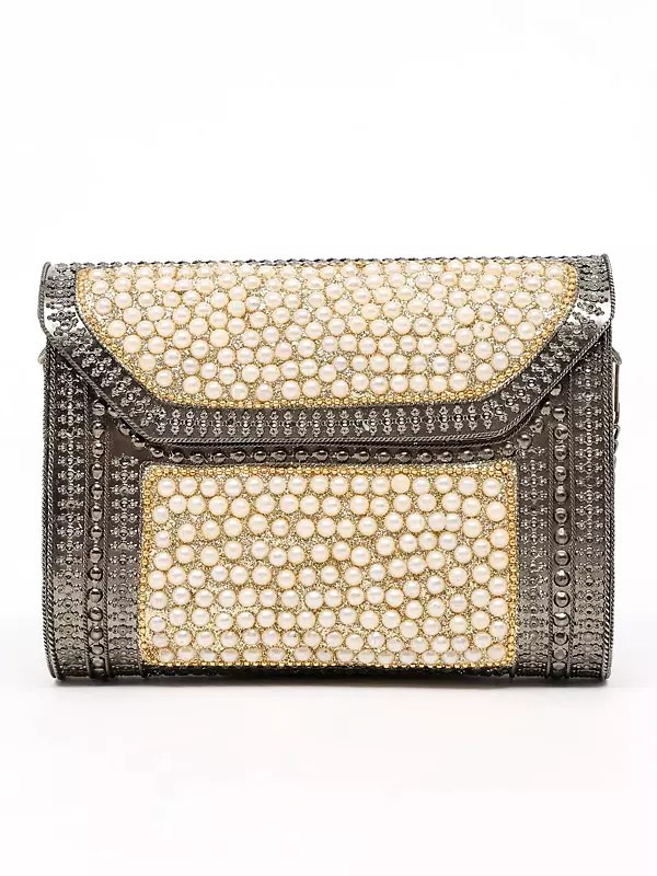 Pearl Beads Studded Box Clutch Bag with Shoulder Chain