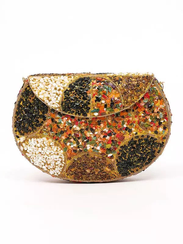Multicolor Stone Studded Clutch Hand Bag with Detachable Chain Strap