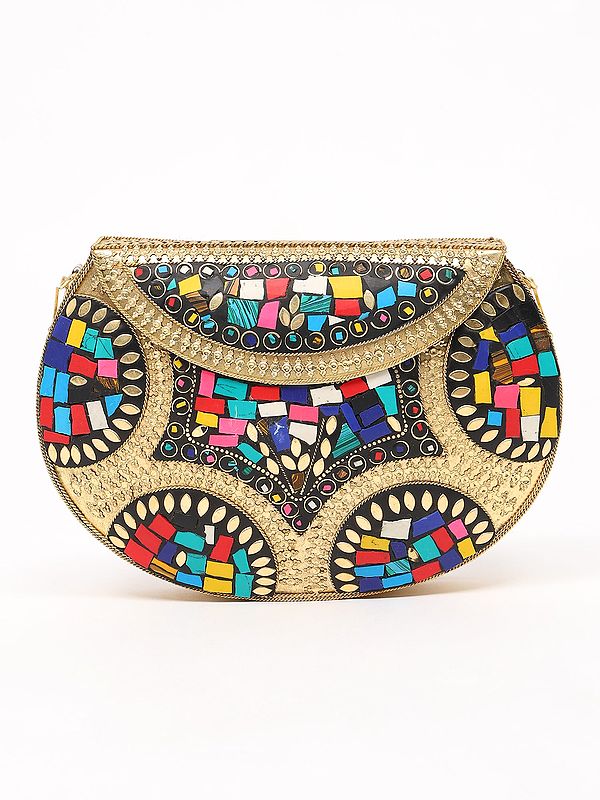 Handmade Clutch Hand Bag with Mosaic Work and Shoulder Chain