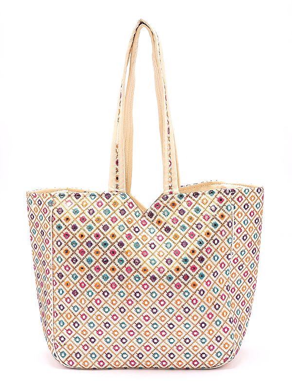 Cannoli-Cream Shoulder Bag with Mirrors-Sequins Embroidered Motifs from Kutch