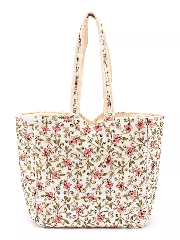 Cannoli-Cream Shoulder Bag with Zari Embroidered Floral Vines Motifs