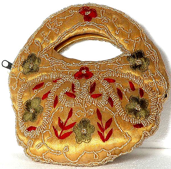 Golden Beaded Handbag with Threadwork