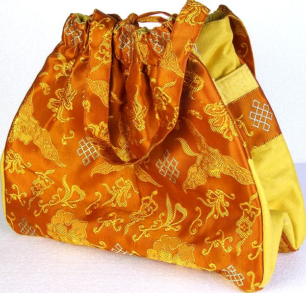 Golden Satin Handbag with Side Pockets and Tibetan Auspicious Symbols