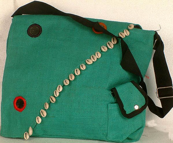 Green Jute Shoulder Bag with Shells and Mirrors