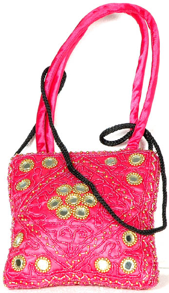 Hot-Pink Beaded Handbag with Mirrors