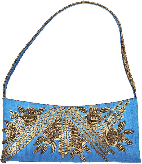 Turquoise-Blue Purse with Golden Sequins and Bead Work