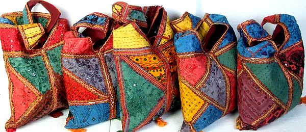 Lot of Five Multi-Color Bags with Dense Threadwork and Mirrors