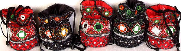 Lot of Five Red and Black Drawstring Bags with Mirrors and Threadwork