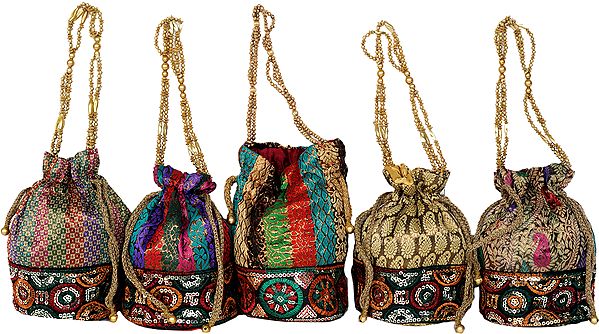 Lot of Five Brocaded Drawstring Bags with Beaded Handle and Sequined Border