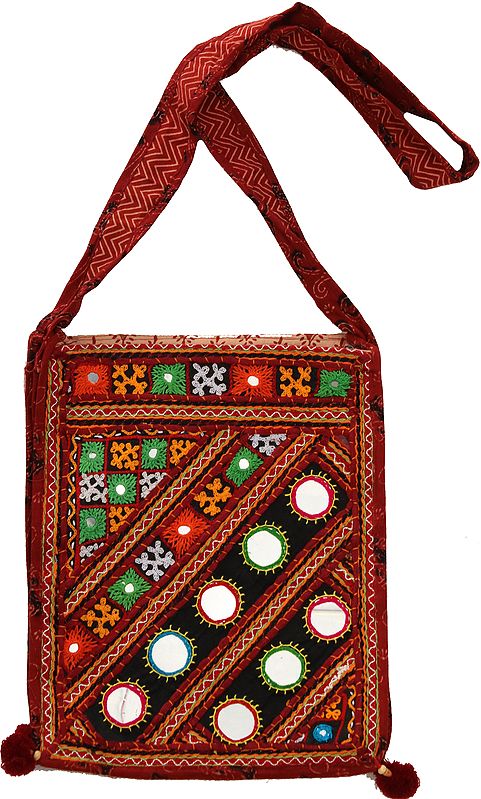 Multicolor Shoulder Bag from Kutch with Floral Embroidery and Mirrors