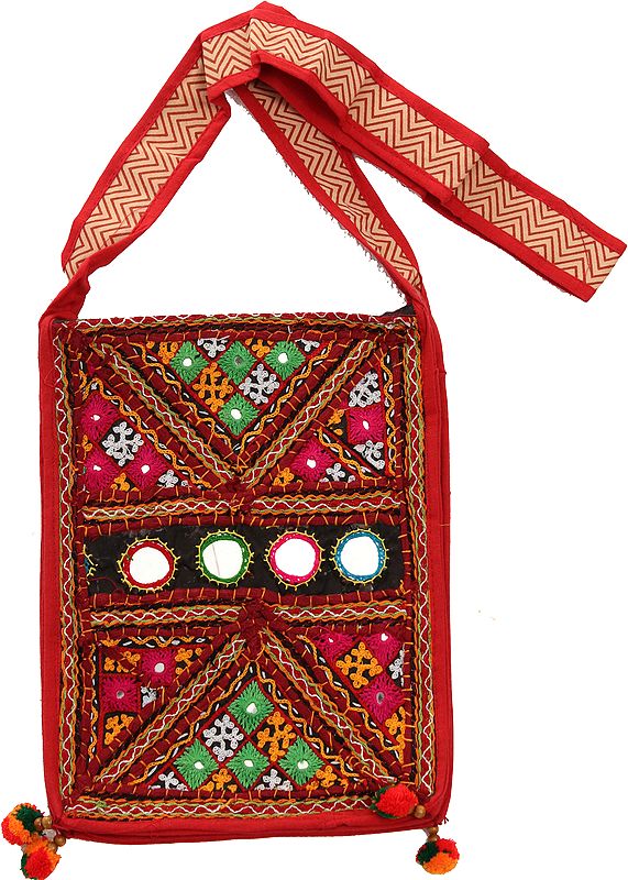 Multicolor Shoulder Bag from Kutch with Floral Embroidery and Mirrors