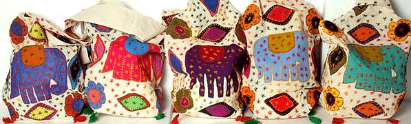 Lot of Five Elephant Bags with Appliqué Work