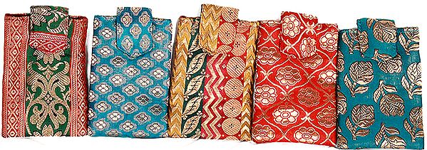 Lot of Five Brocaded Mobile Bags from Banaras with Key Chain and Waist Hook