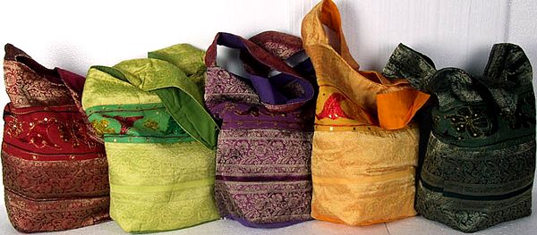 Lot of Five Bags with Banarasi Brocaded Border and Sequins
