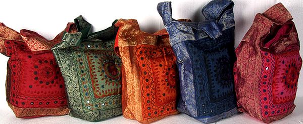 Lot of Five Bags with Threadwork and Brocaded Border