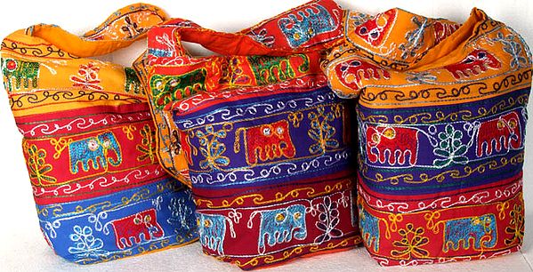 Lot of Three Bags with Mirrors and Embroidered Elephants