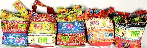 Lot of Five Bags with Mirrors and Embroidered Elephants