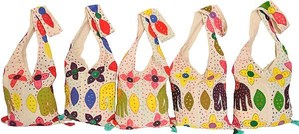 Lot of Five Jhola Bags with Appliqué Work and Kantha Embroidery