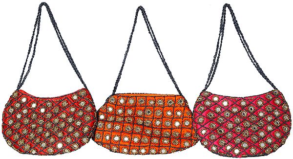Lot of Three Mirrored Handbags with Beaded Shoulder Strap