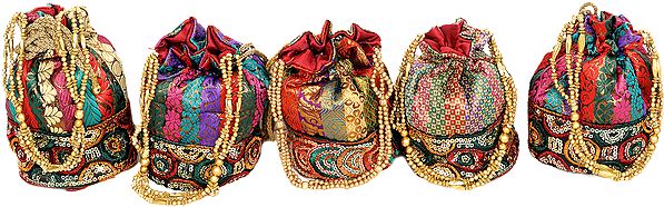 Lot of Five Drawstring Potli Bags with Brocade Weave and Sequins
