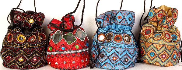 Lot of Four Drawstring Potli Bags with Mirrors and Beads