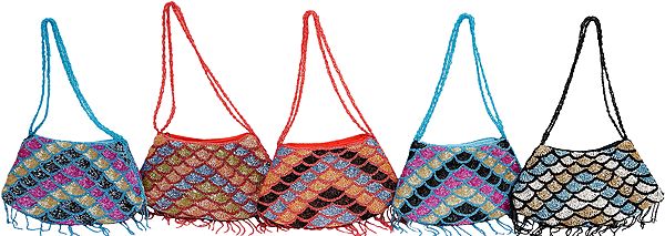 Lot of Five Boat Shaped Handbags Densely Embroidered with Multi-Colored Beads