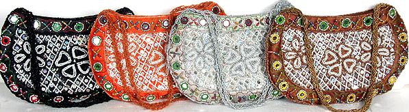 Lot of Four Boat Shaped Handbags with Beads and Mirrors