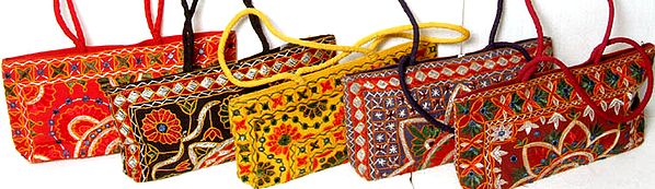 Lot of Five Densely Embroidered Handbags with Mirrors
