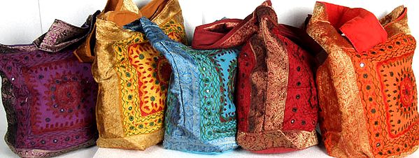 Lot of Five Bags with Threadwork and Brocaded Border