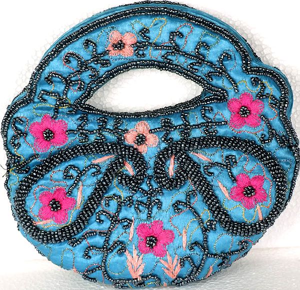 Turquoise Heavily Beaded Handbag with Embroidered Flowers