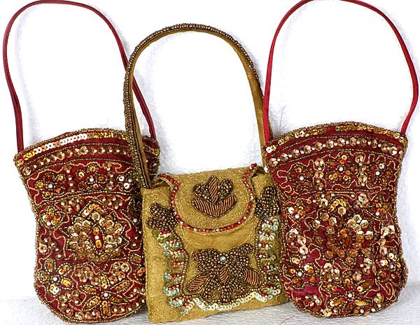 Lot of Three Miniature Bags with Antique Beadwork
