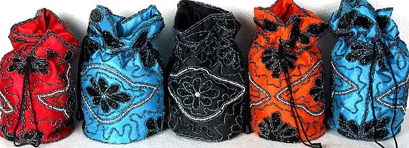 Lot of Five Drawstring Potli Bags with Beadwork