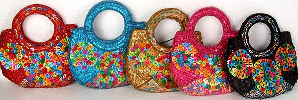 Lot of Five Handbags with Beads and Sequins Embroidered as Flowers