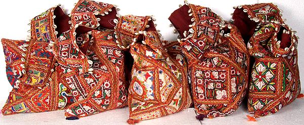 Lot of Five Densely Embroidered Handbags from Kutch with Cowries