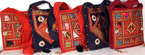 Lot of Five Sanganeri Handbags with Floral Embroidery and Cowries