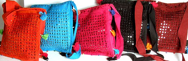 Lot of Five Flap Handbags with Mirrors and Embroidery