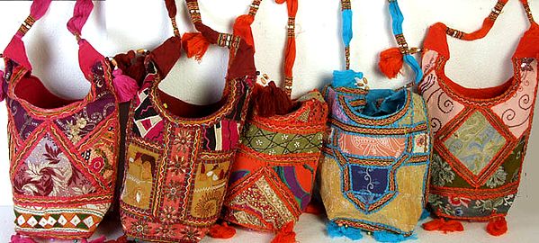 Lot of Five Multi-Color Jaipuri Handbags with Threadwork and Sequins
