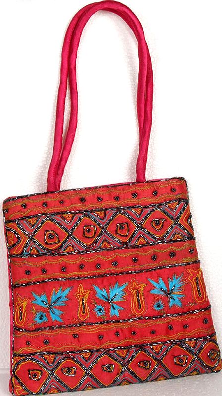 Chestnut Handbag with Embroidery and Beads