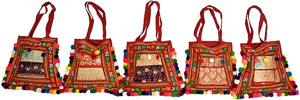 Lot of Five Embroidered Jhola from Kutch with Mirrors
