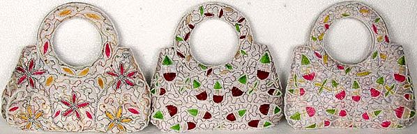 Lot of Three White Handbags with Multi-Color Floral Embroidery and Beads