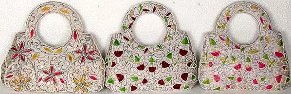 Lot of Three White Handbags with Multi-Color Floral Embroidery and Beads
