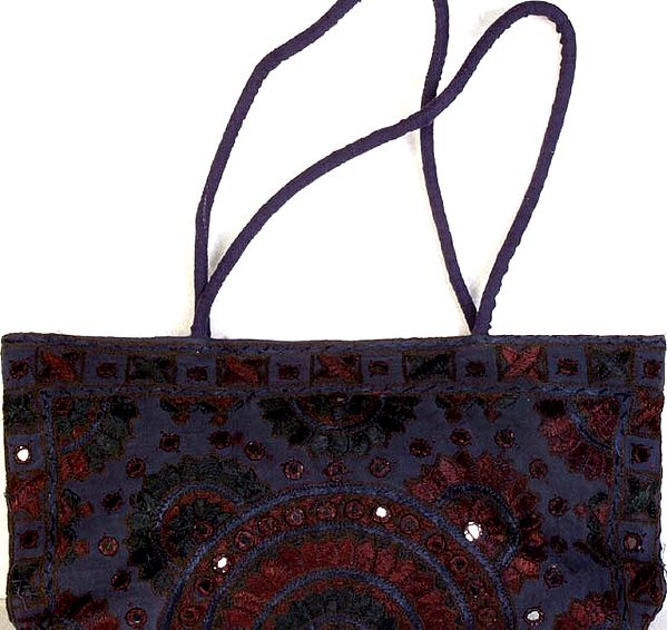 Midnight Blue Densely Embroidered Handbag with Mirrors