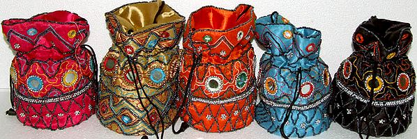 Lot of Five Drawstring Potli Bags with Mirrors and Beads
