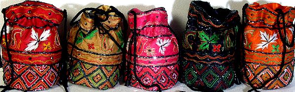 Lot of Five Drawstring Potli Bags with Beadwork