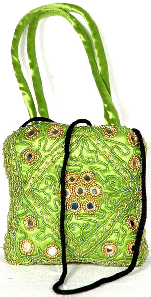 Lime Green Beaded Handbag with Mirrors