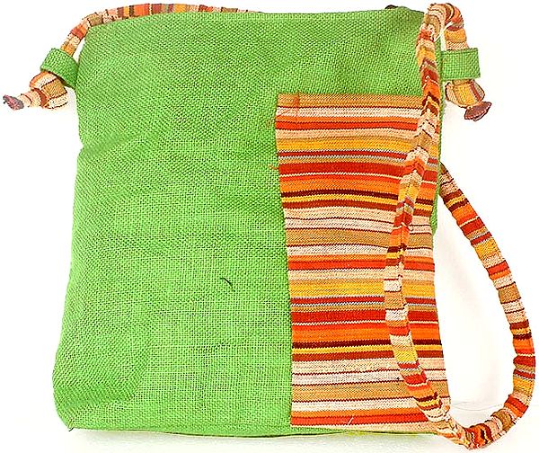 Lime Green Jute Shoulder Bag with Outer Pocket