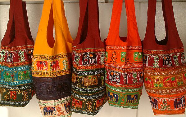 Lot of Five Bags Embroidered with Elephants