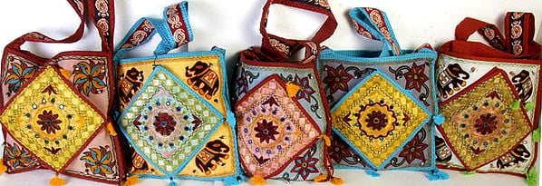 Lot of Five Bags with Aari Embroidered Figures and Front Pocket