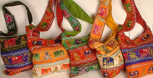 Lot of Five Bags with Mirrors and Embroidered Elephants