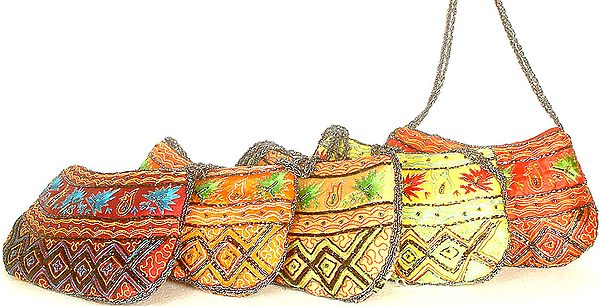 Lot of Five Boat-Shaped Shoulder Bags with Beads and Threadwork